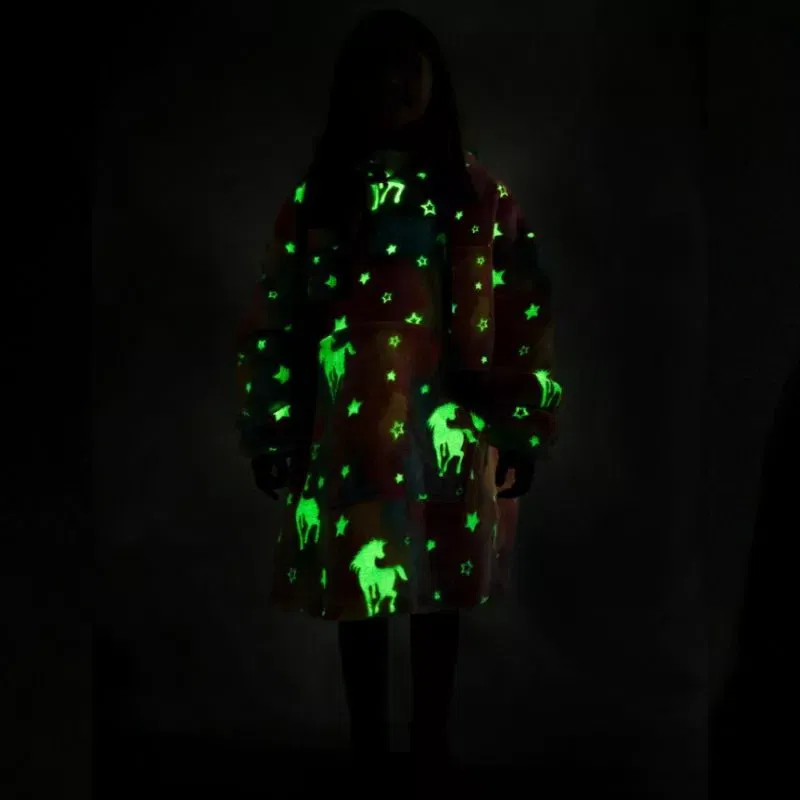 Hanorac patura cu maneci fete Unicorn Fosforescent cu buzunar cangur Flanel & Polar 440g/mp 105 cm [2]