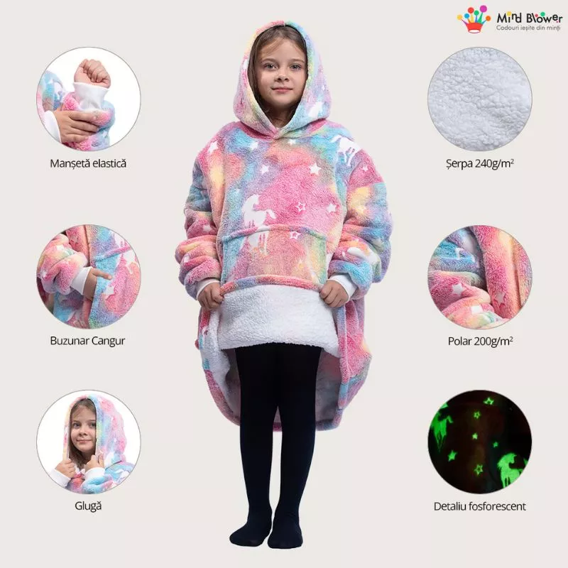 Hanorac patura cu maneci fete Unicorn Fosforescent cu buzunar cangur Flanel & Polar 440g/mp 105 cm [3]