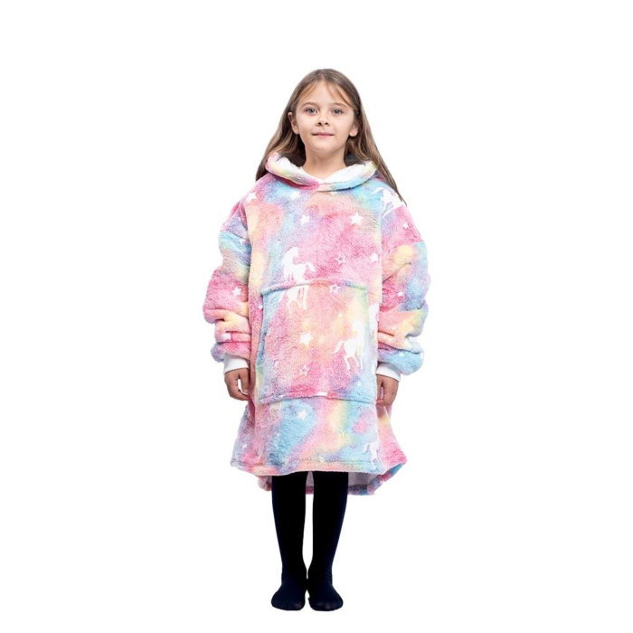 Hanorac patura cu maneci fete Unicorn Fosforescent cu buzunar cangur Flanel & Polar 440g/mp 105 cm [13]