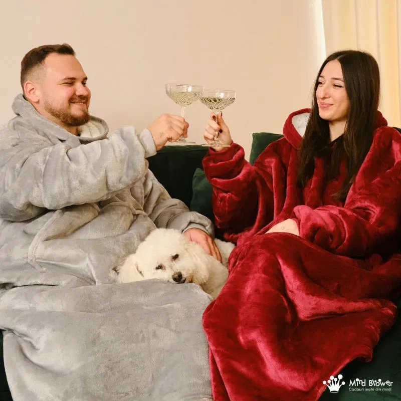 Hanorac patura cu maneci gluga si buzunar cangur Flanel & Polar 480g/mp 165 cm Gri [2]