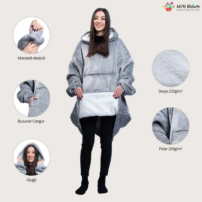 Hanorac patura cu maneci gluga si buzunar cangur Flanel & Polar 480g/mp 165 cm Gri [3]