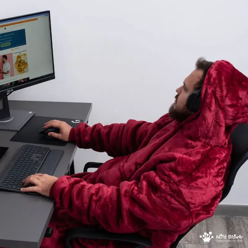 Hanorac patura cu maneci gluga si buzunar cangur Flanel & Polar 480g/mp 165 cm Rosu [11]