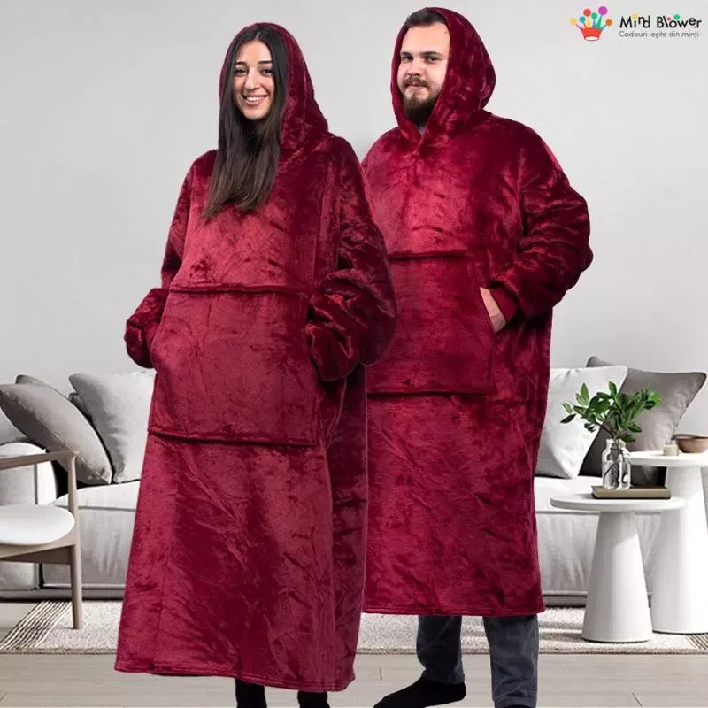 Hanorac patura cu maneci gluga si buzunar cangur Flanel & Polar 480g/mp 165 cm Rosu [1]