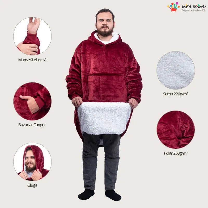 Hanorac patura cu maneci gluga si buzunar cangur Flanel & Polar 480g/mp 165 cm Rosu [14]