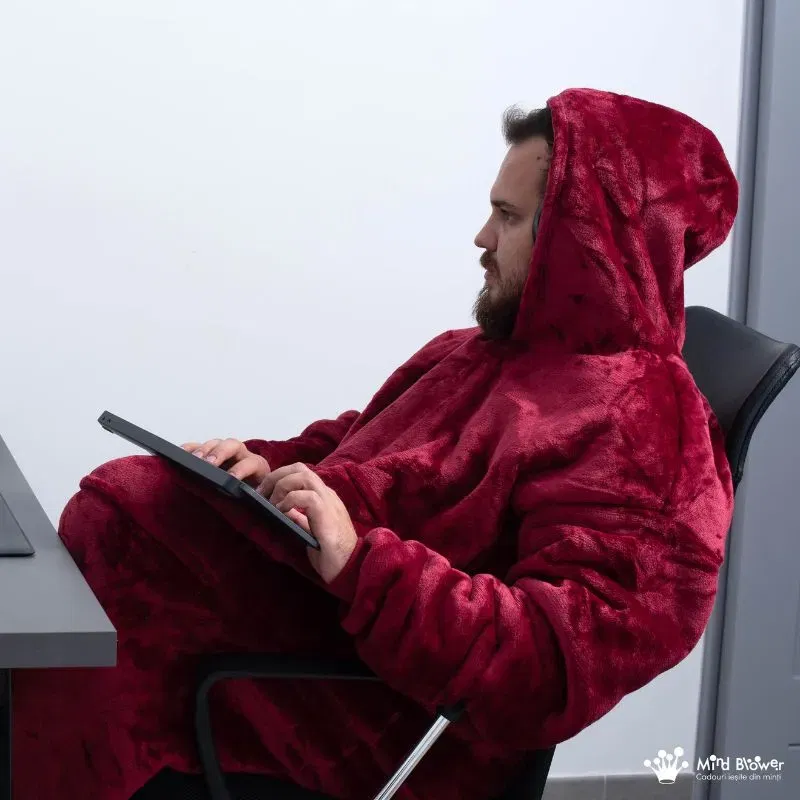 Hanorac patura cu maneci gluga si buzunar cangur Flanel & Polar 480g/mp 165 cm Rosu [12]