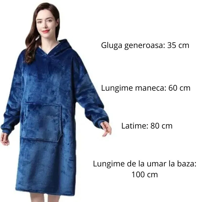 Hanorac patura cu maneci gluga si buzunar cangur Flanel & Polar 370g/mp 135 cm Albastru [9]