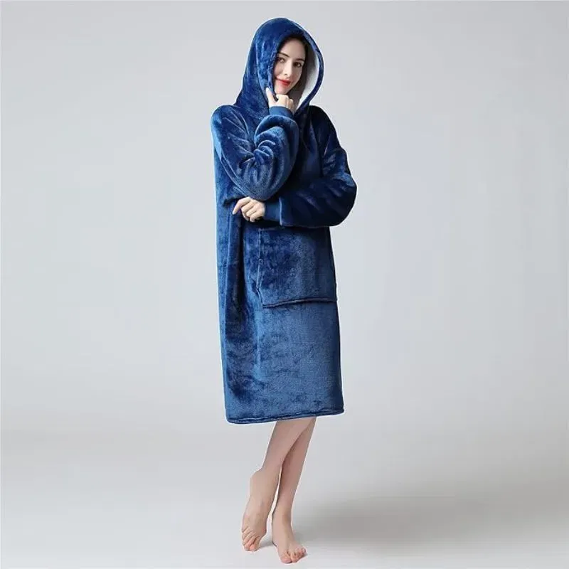 Hanorac patura cu maneci gluga si buzunar cangur Flanel & Polar 370g/mp 135 cm Albastru [6]