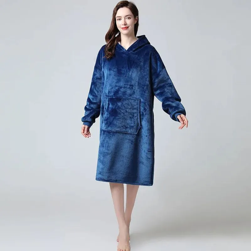 Hanorac patura cu maneci gluga si buzunar cangur Flanel & Polar 370g/mp 135 cm Albastru [2]