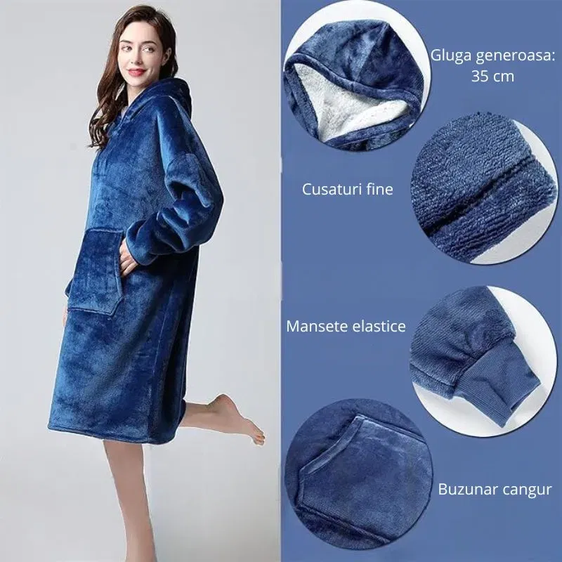 Hanorac patura cu maneci gluga si buzunar cangur Flanel & Polar 370g/mp 135 cm Albastru [7]