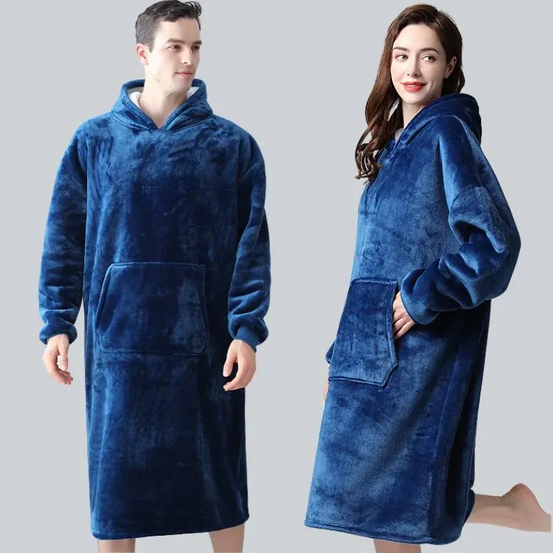 Hanorac patura cu maneci gluga si buzunar cangur Flanel & Polar 370g/mp 135 cm Albastru [1]