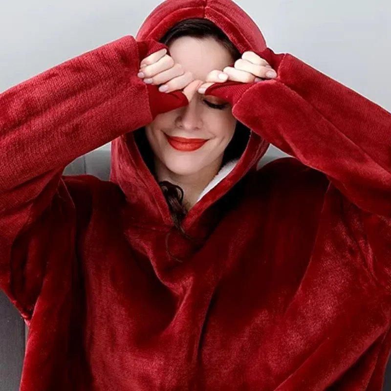 Hanorac patura cu maneci gluga si buzunar cangur Flanel & Polar 370g/mp 135 cm Rosu [5]