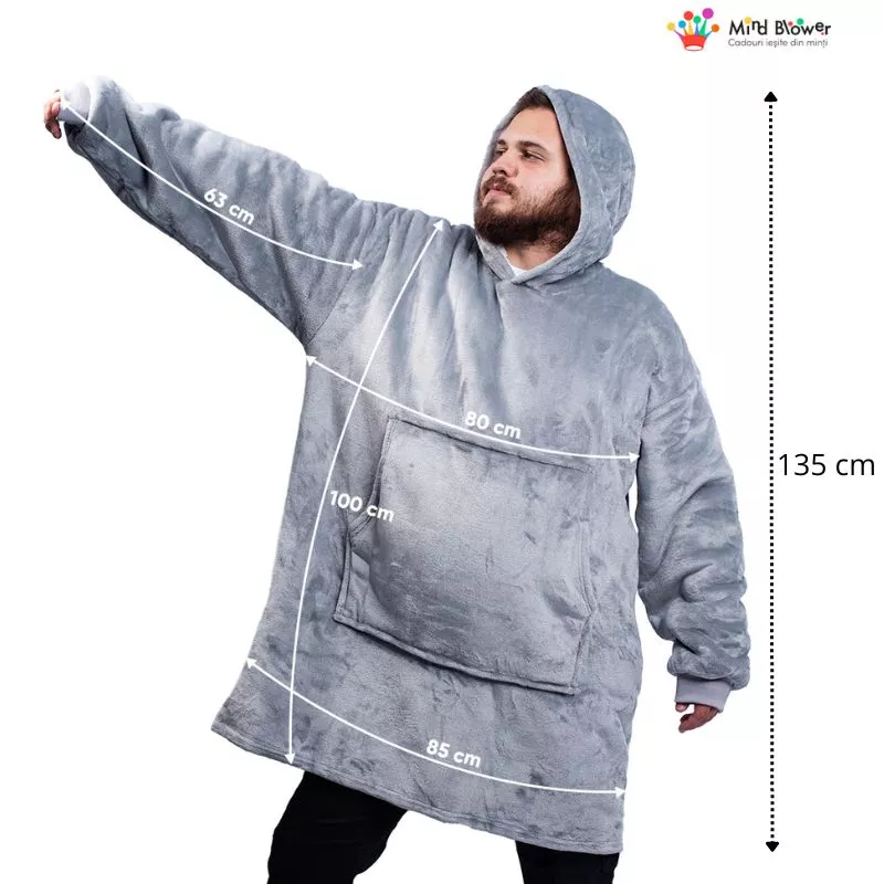 Hanorac patura cu maneci gluga si buzunar cangur Flanel & Polar 480g/mp 135 cm Gri [6]