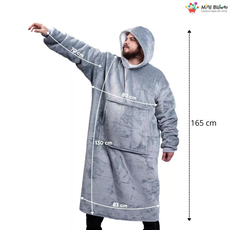 Hanorac patura cu maneci gluga si buzunar cangur Flanel & Polar 480g/mp 165 cm Gri [6]