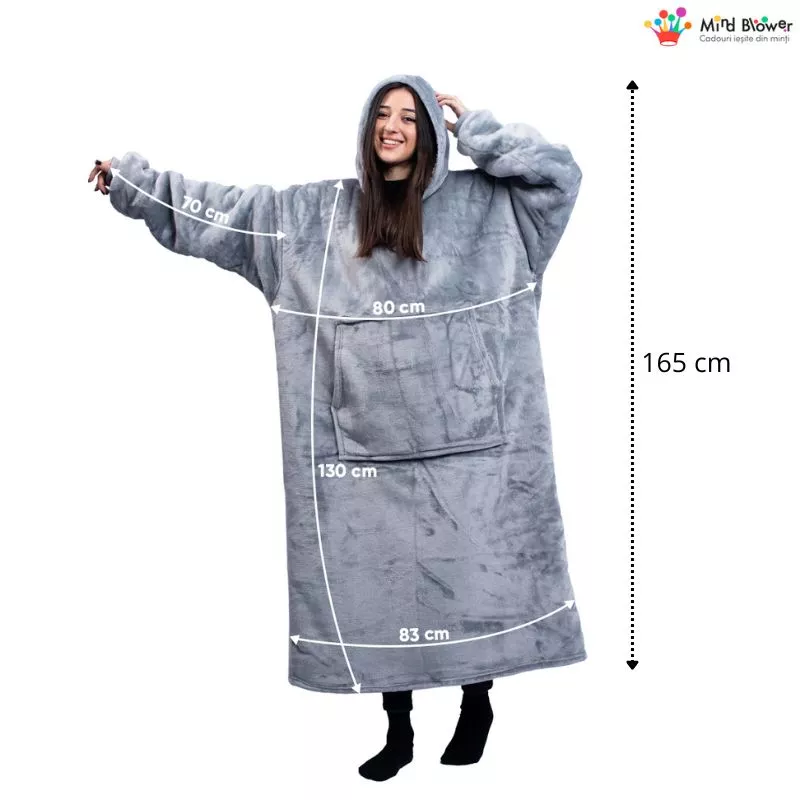 Hanorac patura cu maneci gluga si buzunar cangur Flanel & Polar 480g/mp 165 cm Gri [4]