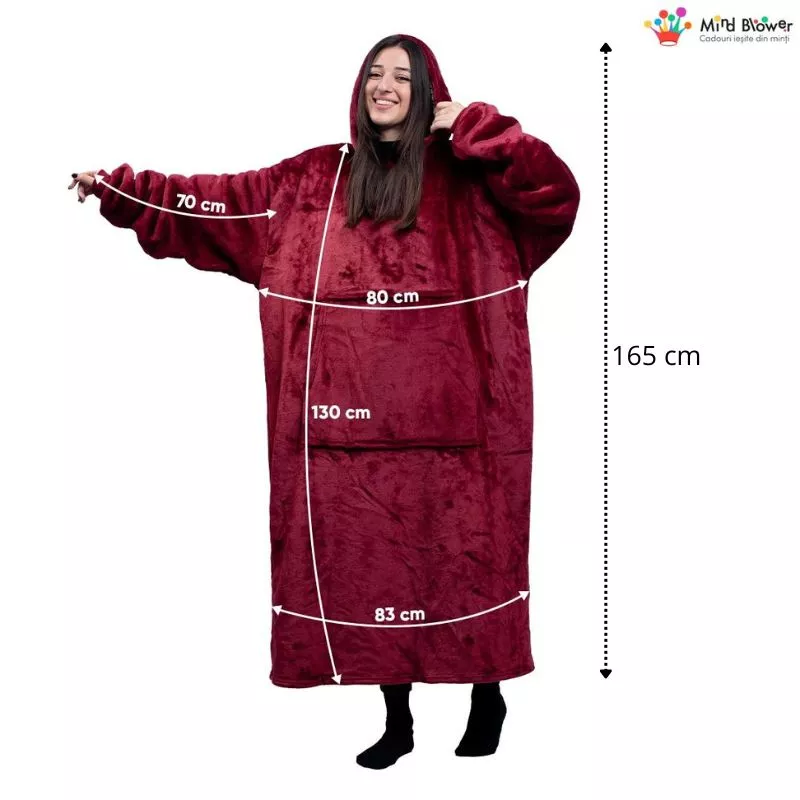 Hanorac patura cu maneci gluga si buzunar cangur Flanel & Polar 480g/mp 165 cm Rosu [4]