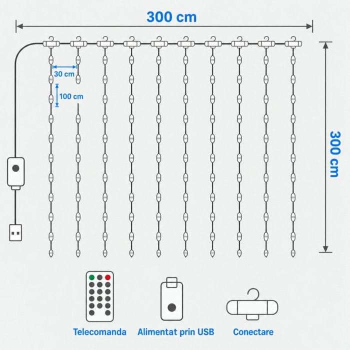 Instalatie luminoasa tip perdea 3 x 3 m, 300 LED-uri, Alimentare USB, Telecomanda [9]