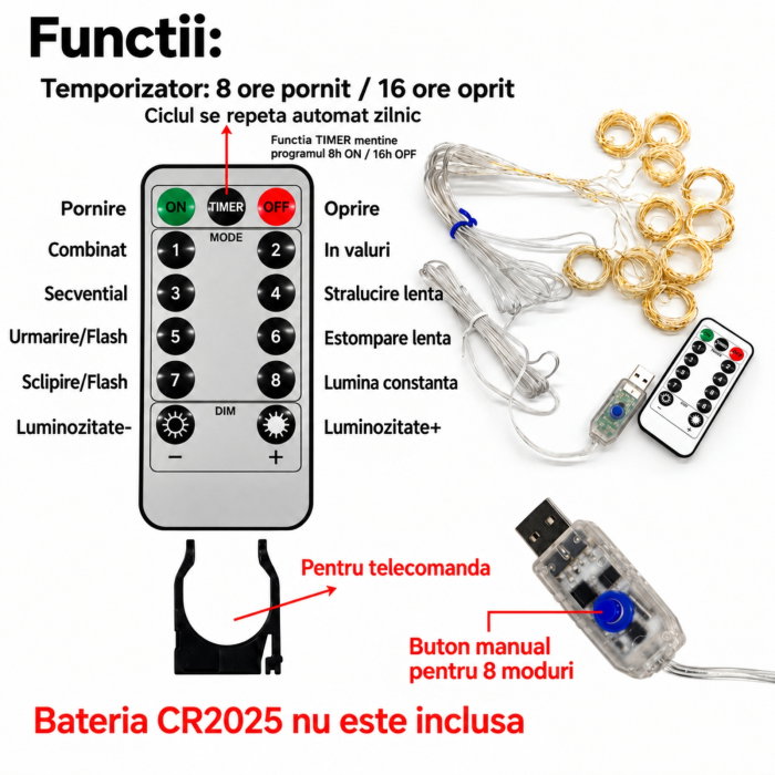 Instalatie luminoasa tip perdea 3 x 3 m, 300 LED-uri, Alimentare USB, Telecomanda [8]