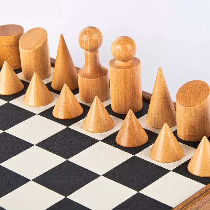 Joc Sah Bauhaus caseta 40x40cm tabla si piese din lemn Black-White Leatherette [5]