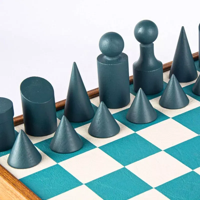 Joc Sah Bauhaus caseta 40x40cm tabla si piese din lemn Turquoise-White Leatherette [4]