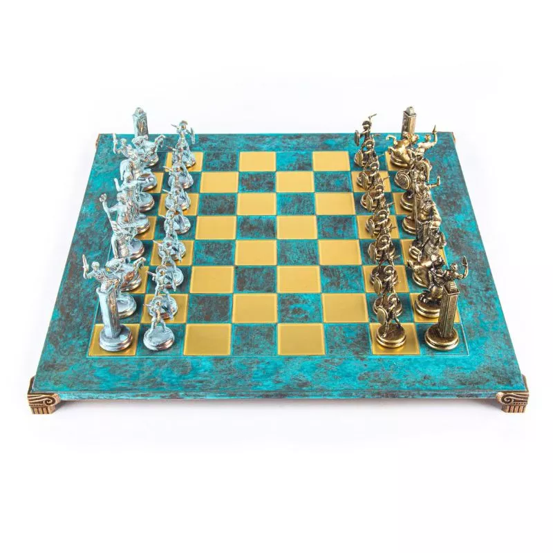 Joc Sah En Passant caseta 54 x 54 cm piese blue & brown si tabla de sah Bronze Turqoise [4]