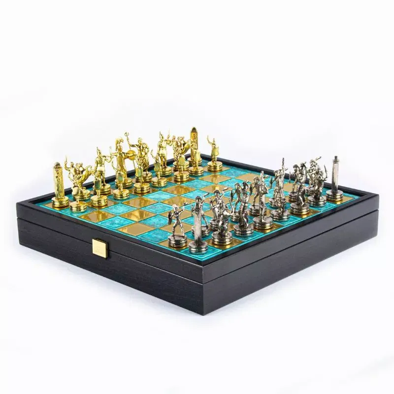 Joc Sah Gladiatori si Filozofi caseta 34 x 34 cm piese gold & silver si tabla de sah Turquoise [1]
