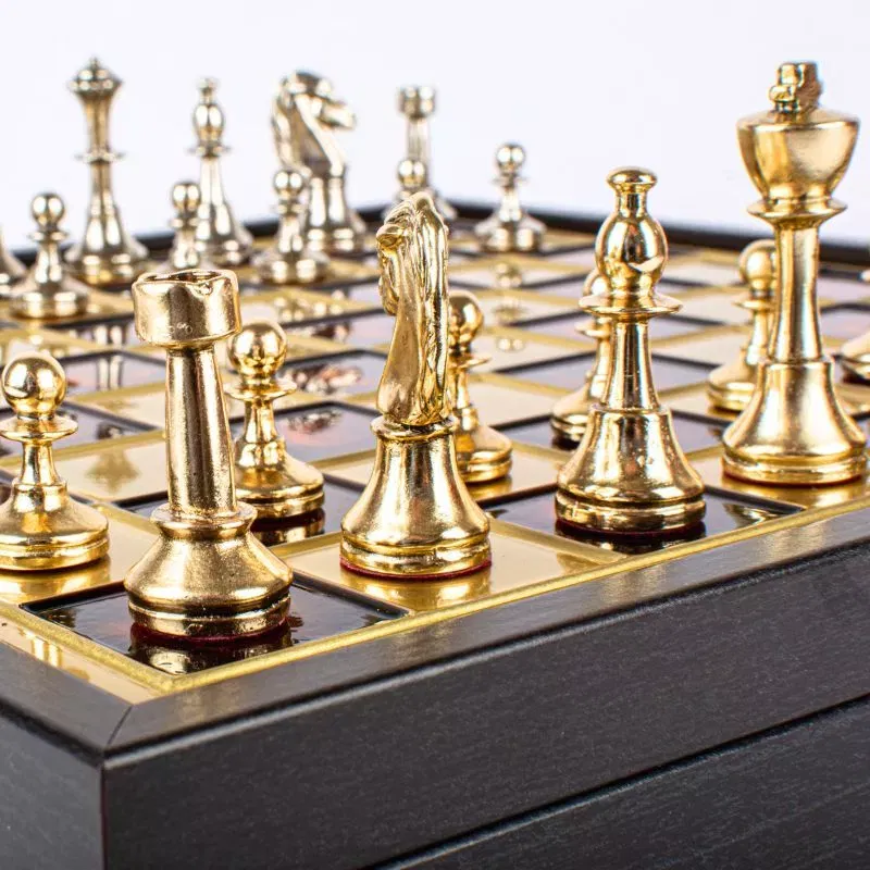 Joc Sah Staunton caseta 34 x 34 cm piese gold & silver si tabla de sah Bronze Red [8]