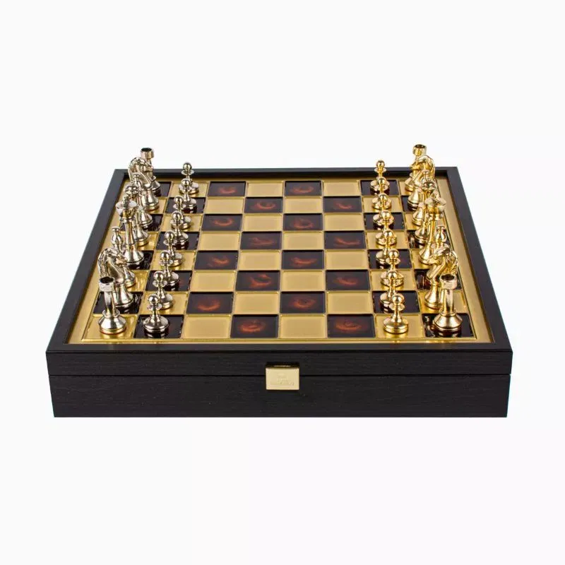 Joc Sah Staunton caseta 34 x 34 cm piese gold & silver si tabla de sah Bronze Red [2]