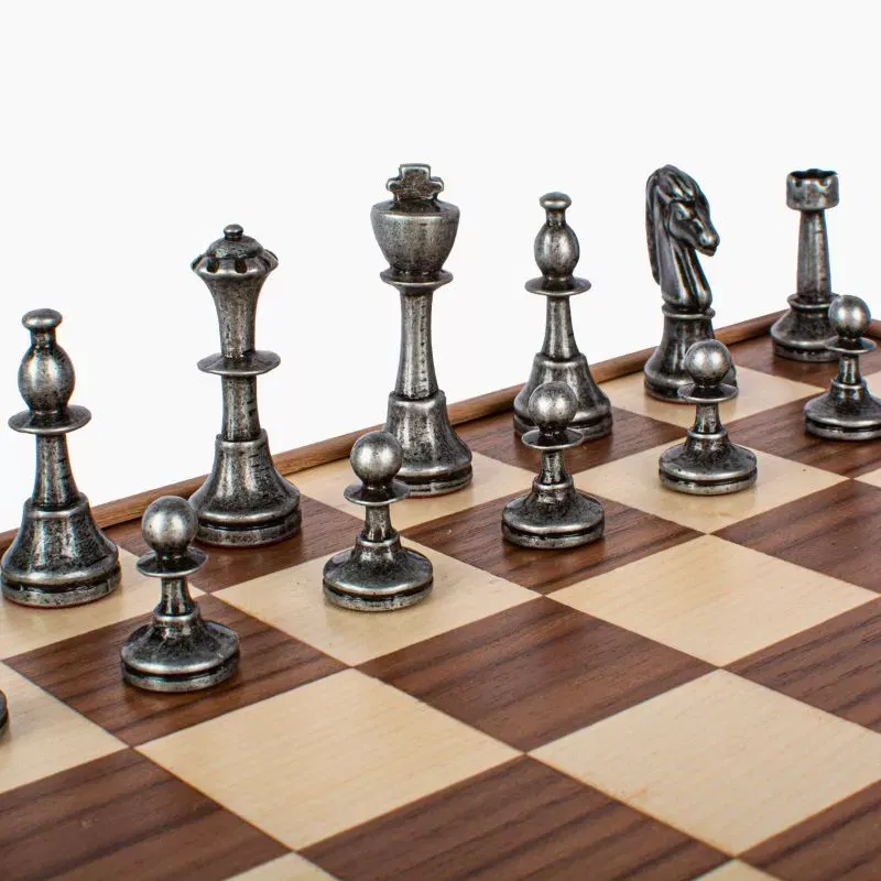 Joc Sah Staunton caseta 35 x 35 cm piese brass & pewter si tabla de sah din lemn [7]