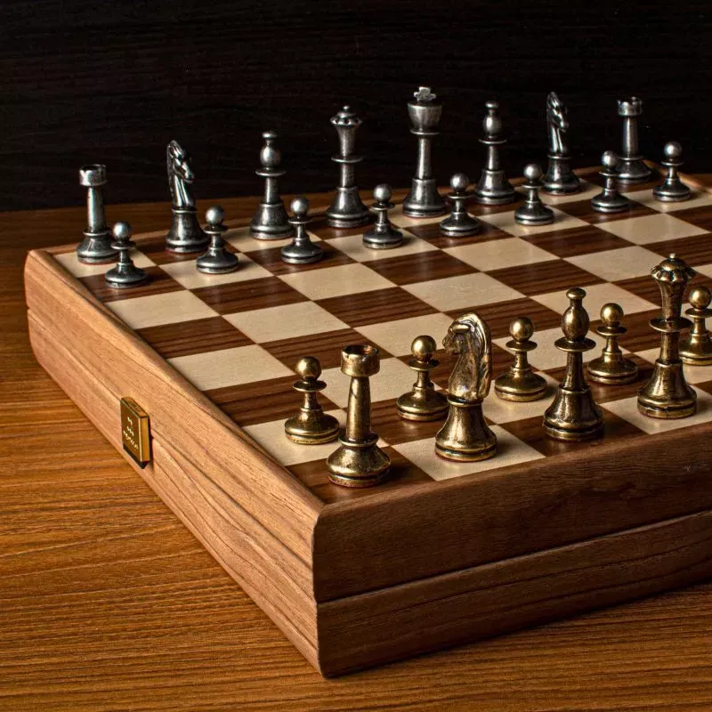Joc Sah Staunton caseta 35 x 35 cm piese brass & pewter si tabla de sah din lemn [5]