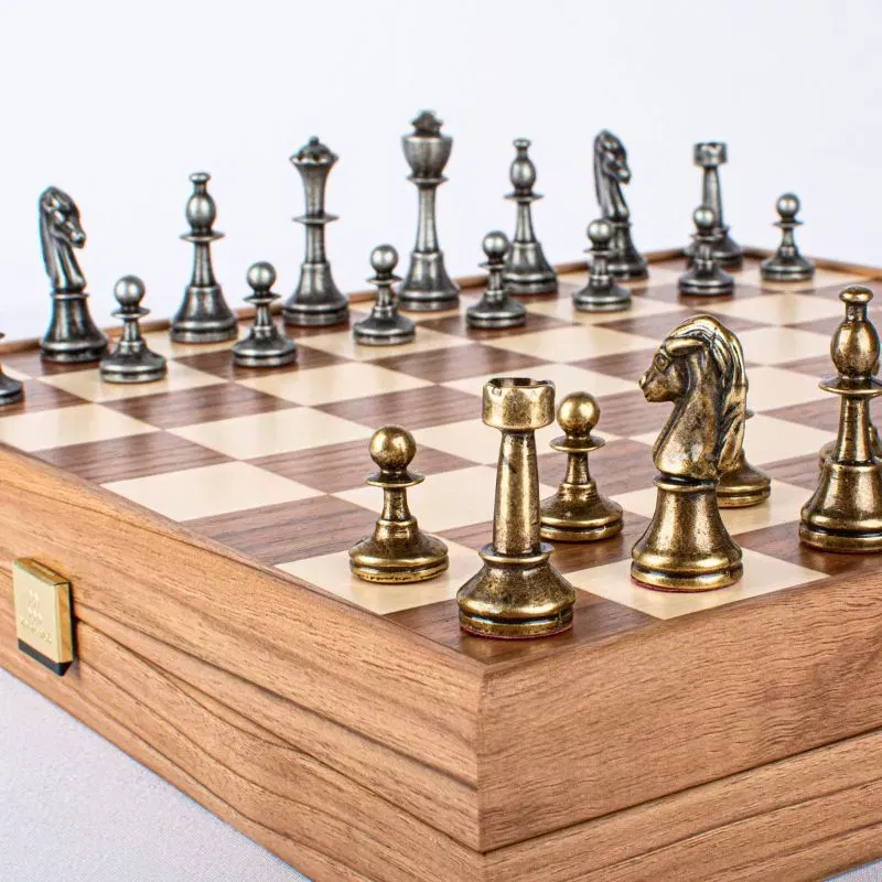 Joc Sah Staunton caseta 35 x 35 cm piese brass & pewter si tabla de sah din lemn [6]