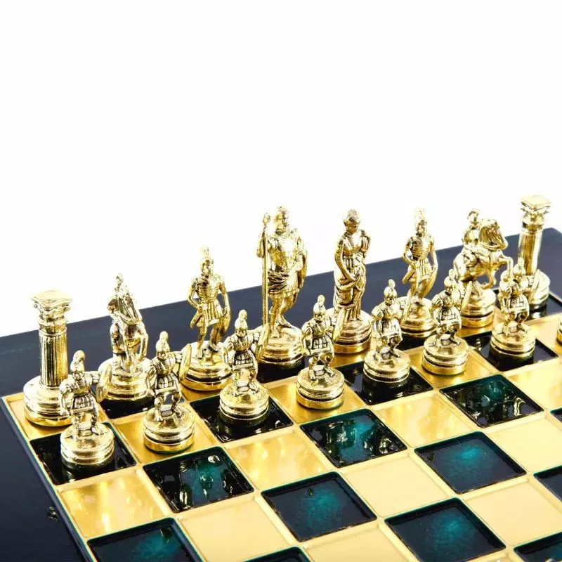 Joc Sah Zeii Sahului caseta 28 x 28 cm piese gold & silver si tabla de sah Bronze Green [5]