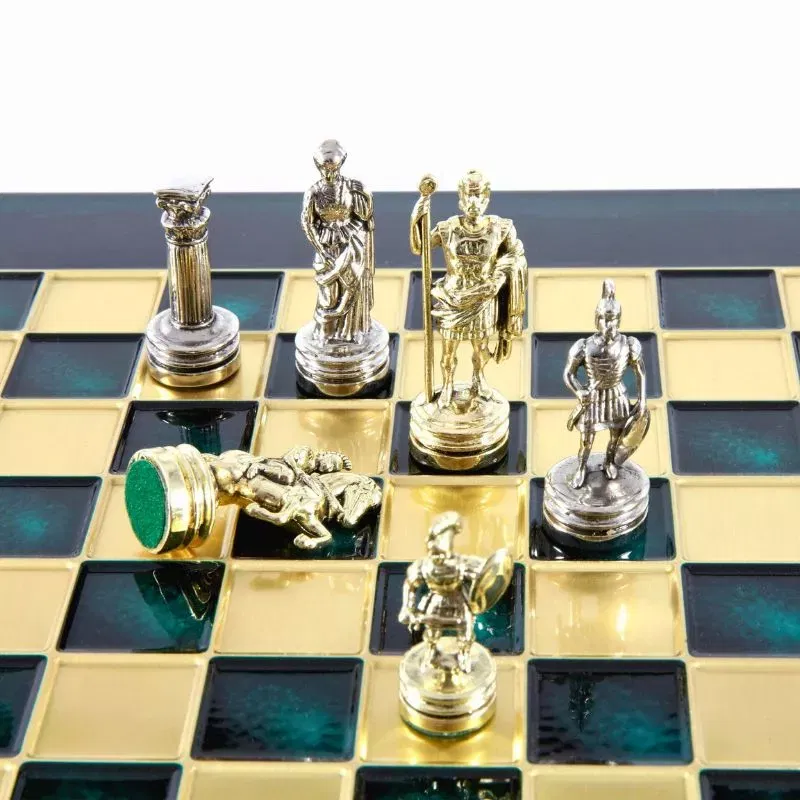 Joc Sah Zeii Sahului caseta 28 x 28 cm piese gold & silver si tabla de sah Bronze Green [3]