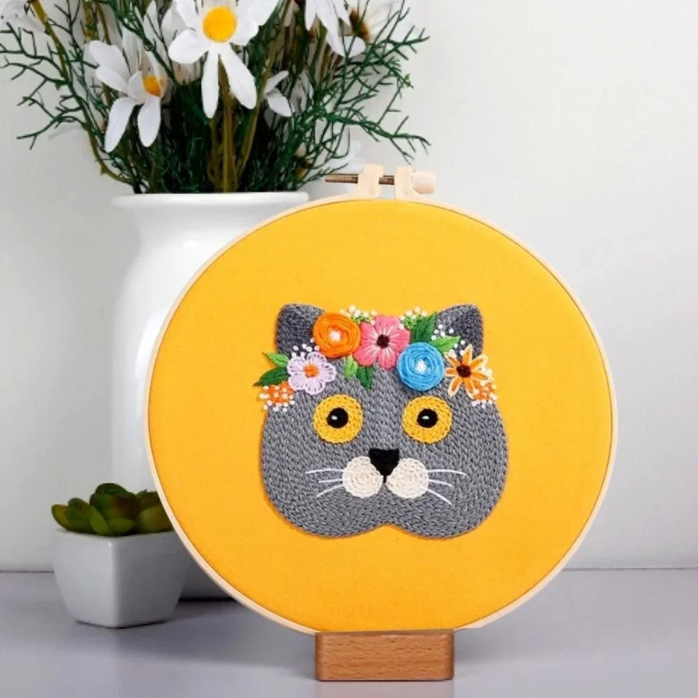 Kit Broderie DIY, Pisicuta cu flori, Galben [4]