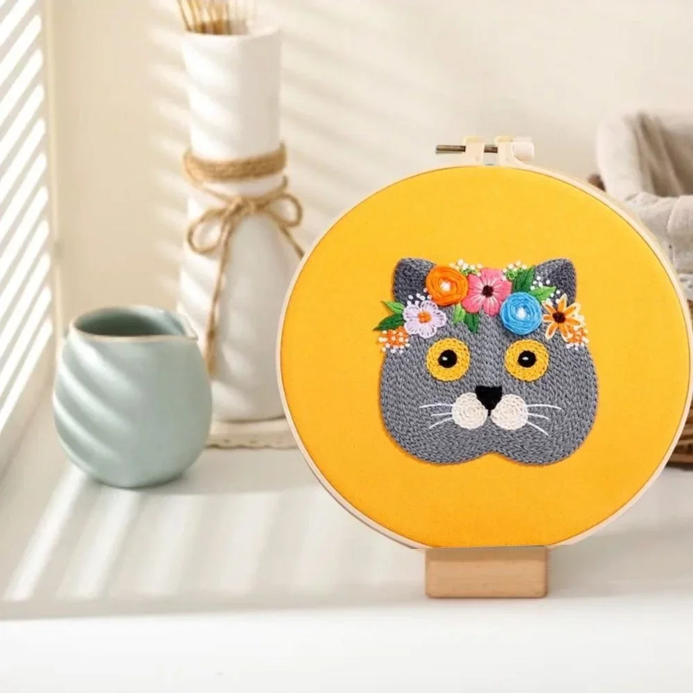 Kit Broderie DIY, Pisicuta cu flori, Galben [2]