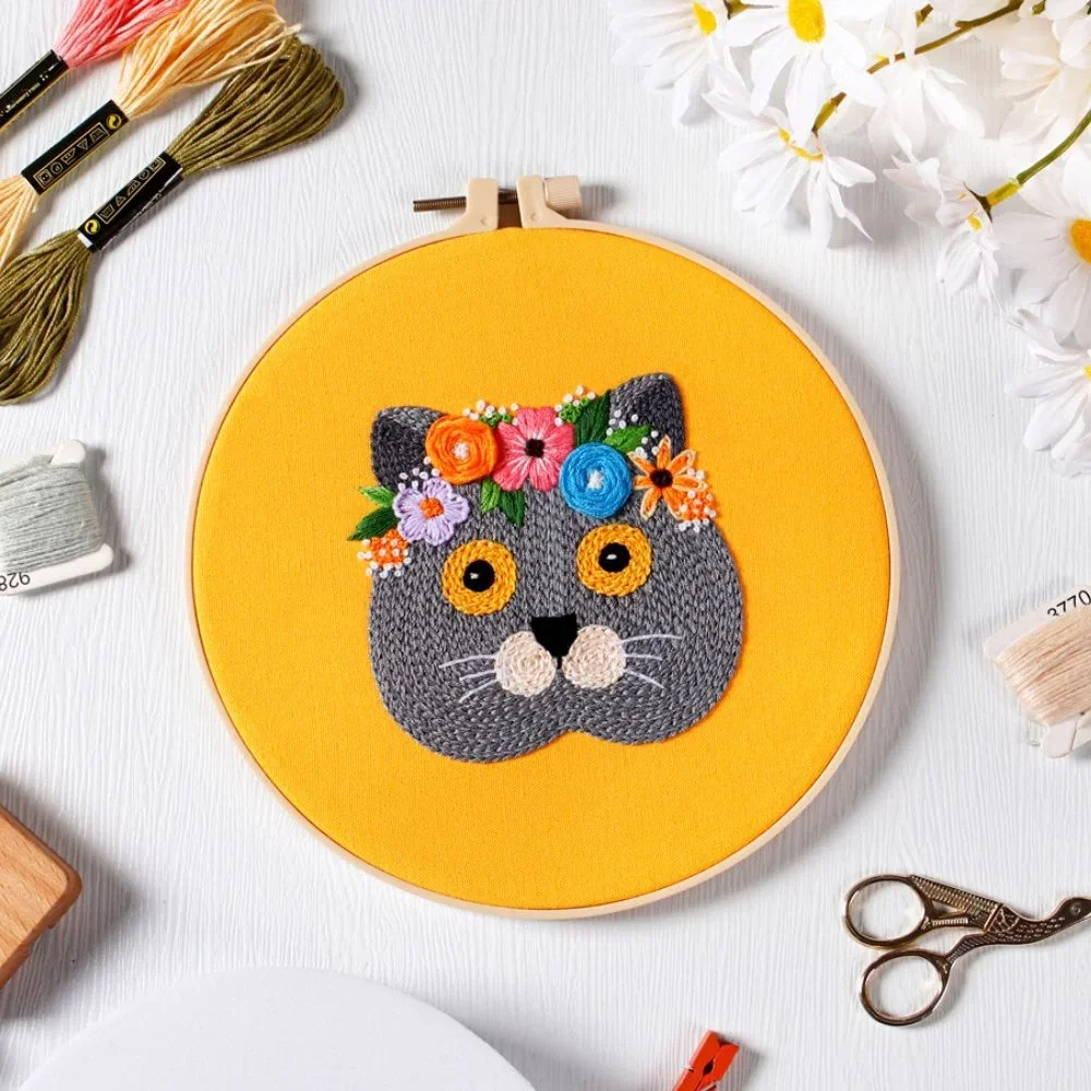 Kit Broderie DIY, Pisicuta cu flori, Galben [5]