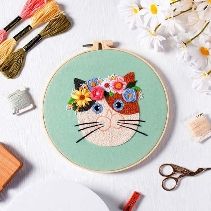 Kit Broderie DIY, Pisicuta cu flori, Verde [2]