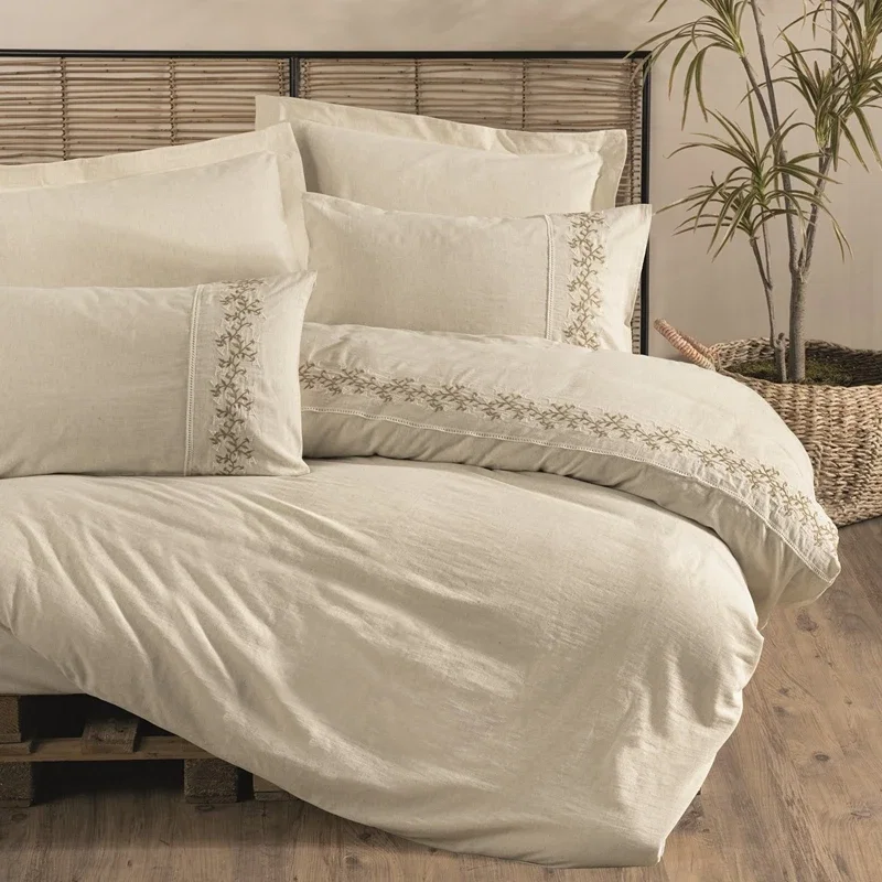 Lenjerie bumbac-linen Darian - Crem, 200x220 cm, 4 fete de perna, cearsaf [1]