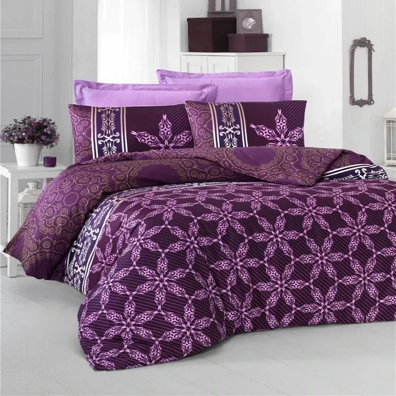 Lenjerie pat dublu, bumbac satinat, lila, 200x220 cm, patru huse de perna [1]