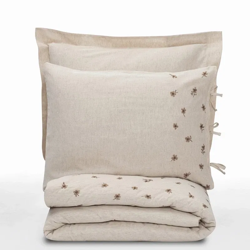 Lenjerie pat dublu, bumbac si in, crem, 200x220 cm, patru huse de perna [4]