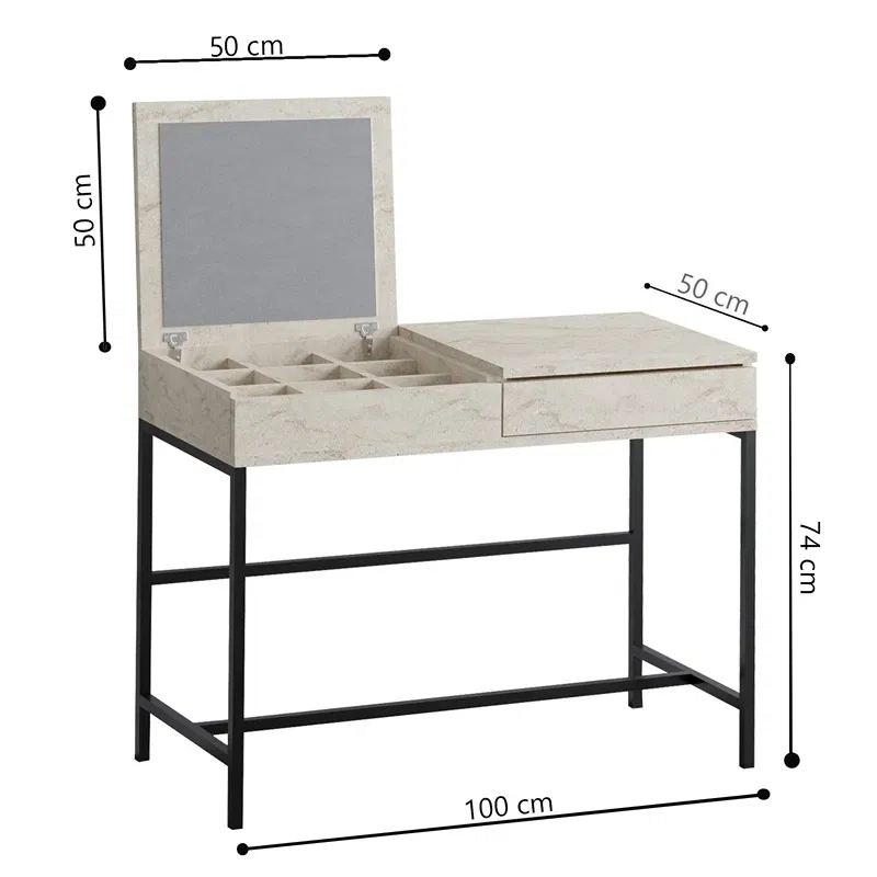 Masa de machiaj Linda, travertin, 100 cm, picioare metalice, rafturi multiple [4]