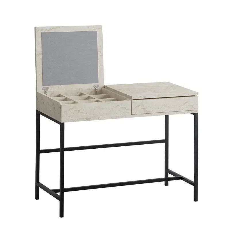 Masa de machiaj Linda, travertin, 100 cm, picioare metalice, rafturi multiple [5]