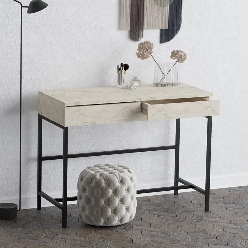 Masa de machiaj Linda, travertin, 100 cm, picioare metalice, rafturi multiple [2]