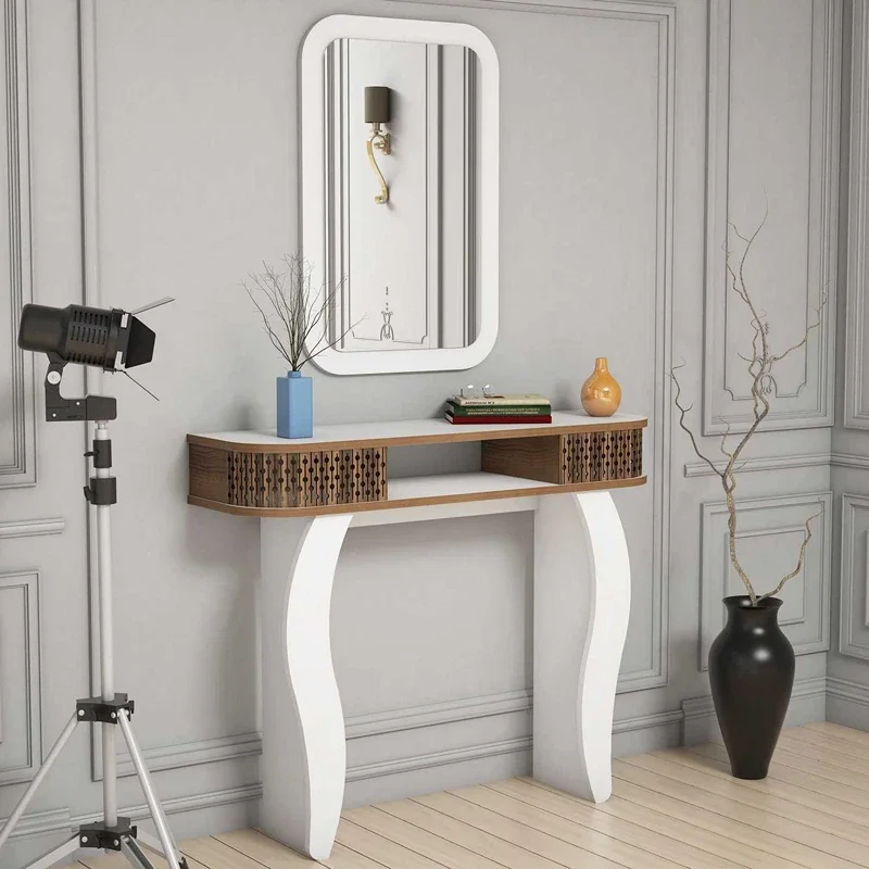 Masa de toaleta alba, cu oglinda si rafturi, design elegant, 105 cm [3]