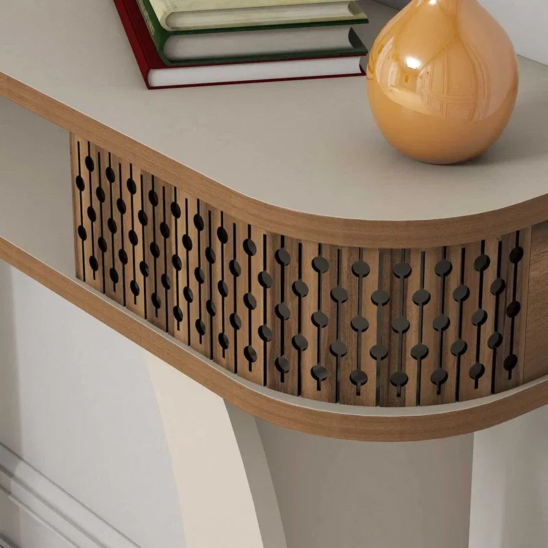 Masa de toaleta crem, cu oglinda si rafturi, design elegant, 105 cm [5]