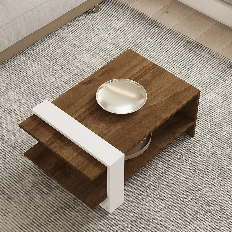 Masuta de cafea Gaye, nuc si alb, cu rafturi, 80 cm [3]