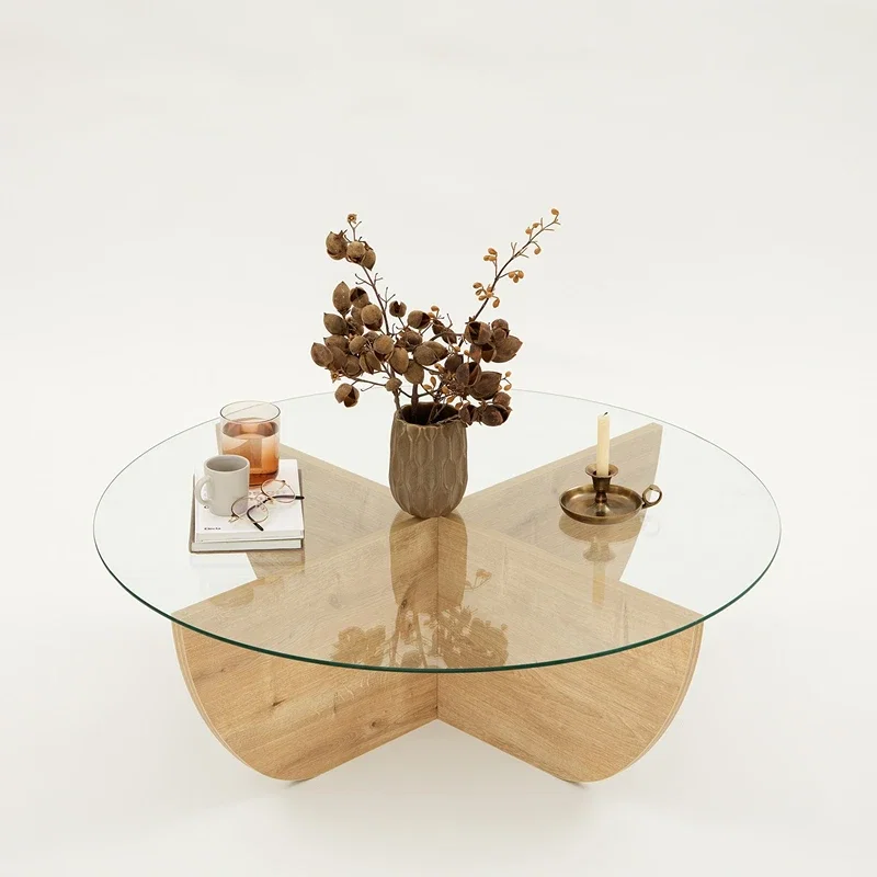 Masuta de cafea Lily stejar safir, blat din sticla securizata, forma ondulata [6]