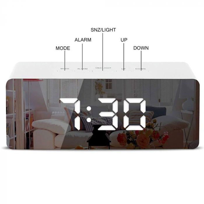 Mini ceas desteptator LED cu termometru si oglinda, dreptunghiular [3]