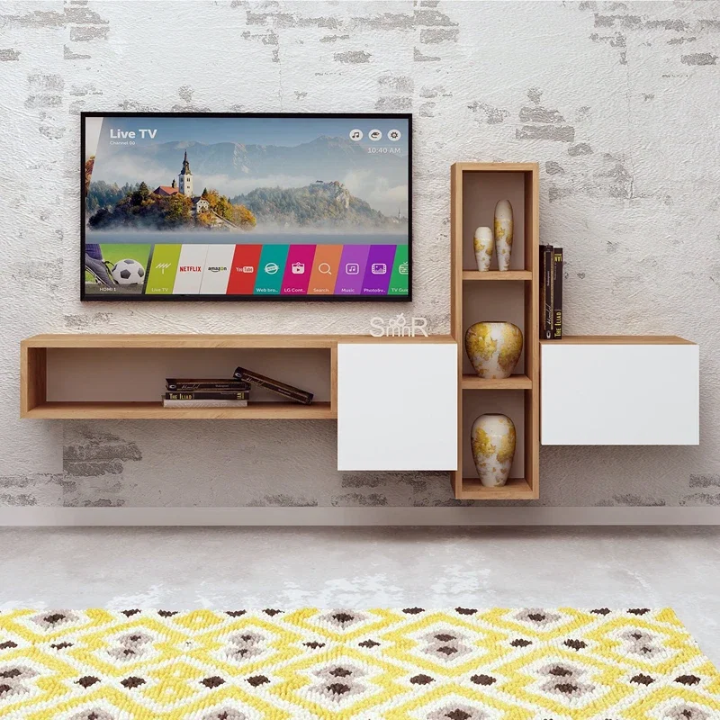 Mobiler TV Kumkuat, stejar alb, 160 cm, dulapuri depozitare, modern [1]