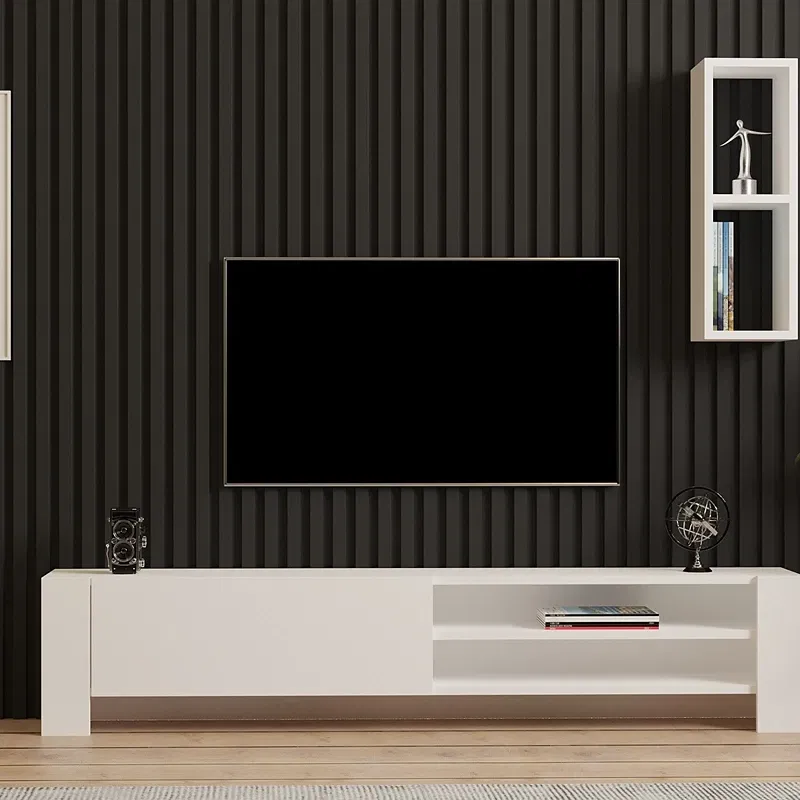 Mobilier TV Naz, alb, design modern, rafturi suspendate, 160 cm [3]