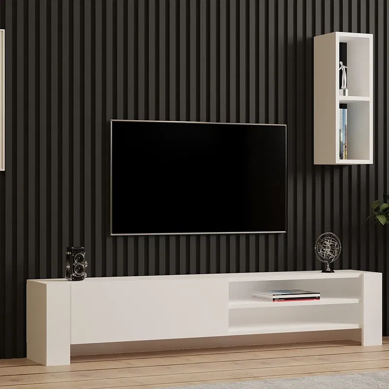Mobilier TV Naz, alb, design modern, rafturi suspendate, 160 cm [1]